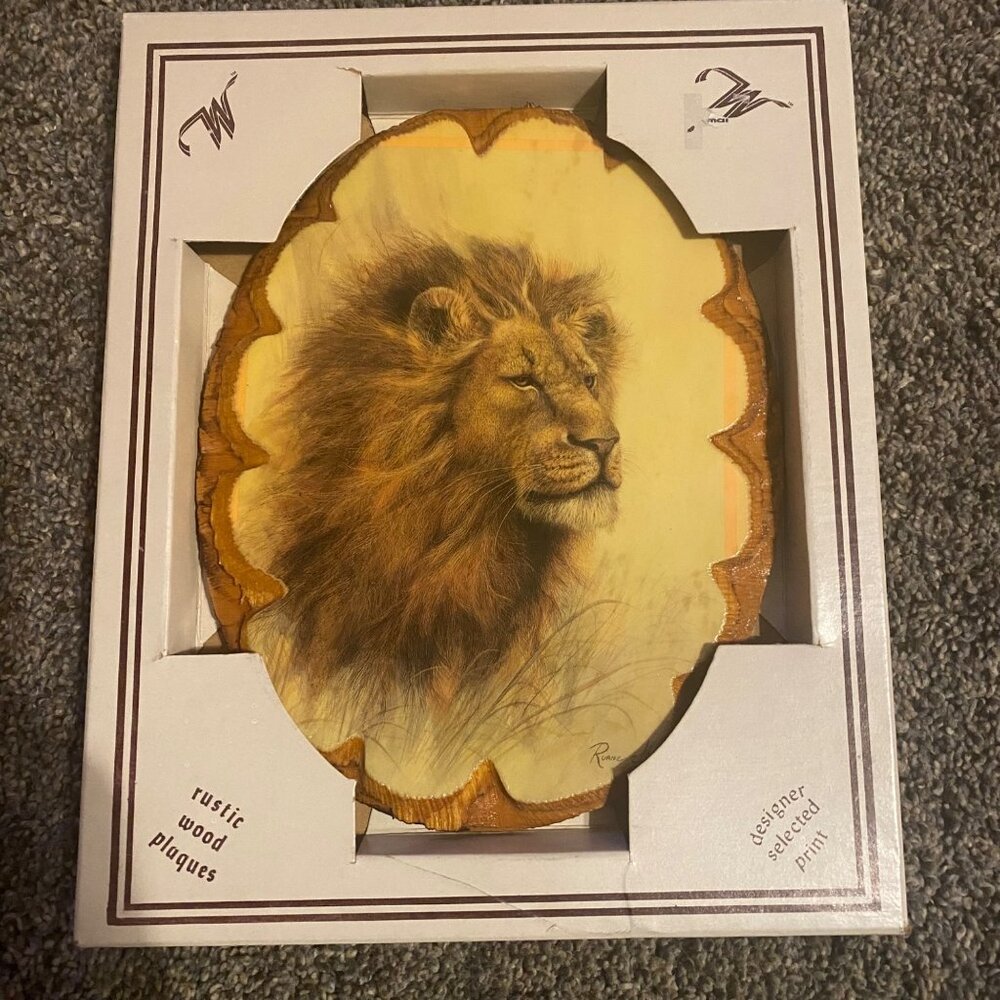 Vtg Rustic Wood Plaque Lion Artwork Print Ruane Manning Realistic Animal 7.5x6.5